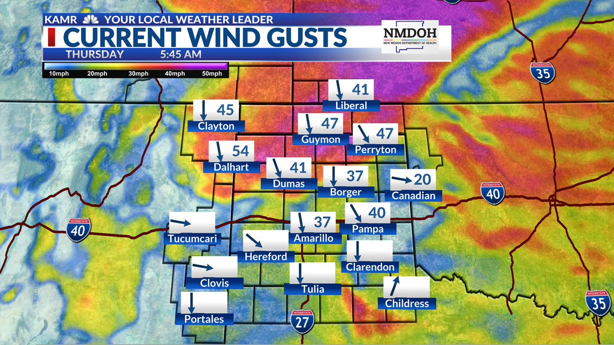 APRIL 18: Cold front is moving in! Check out the wind gusts along and behind this system. Dalhart with a wind gust of 54 mph at 5:45 AM. 🌬

#KAMRwx #myamarillo #texasweather #texaspanhandle #txwx #amarillo #amarillotexas #okwx #nmwwx #kswx