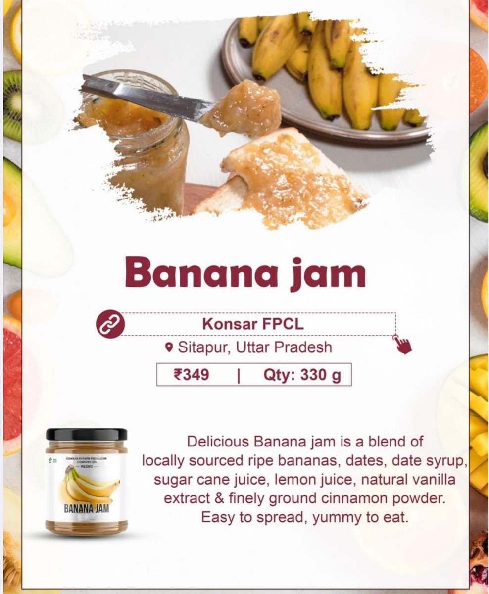 Jam of the day😋

Indulge in the smooth, creamy goodness of homemade banana jam by #FPO farmers. No added sugar. Only natural sweetness. 

Order now👇

mystore.in/en/product/ban…

Spread the Joy
@AgriGoI @SanjeevKapoor @CMOfficeUP @ONDC_Official @PIB_India @mygovindia #VocalForLocal
