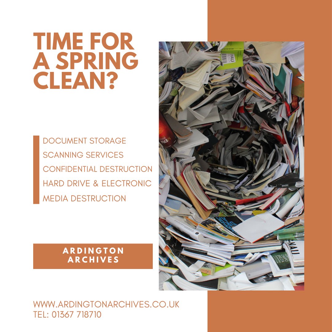 Now the sunshine is here it's time to spring clean! We can help move your documents into secure off-site storage and confidentially destroy old paperwork.

#Springclean #Oxfordshire #Wiltshire
#RecordsManagement #DocumentManagement #DocumentShredding
#DataSecurity #Compliance