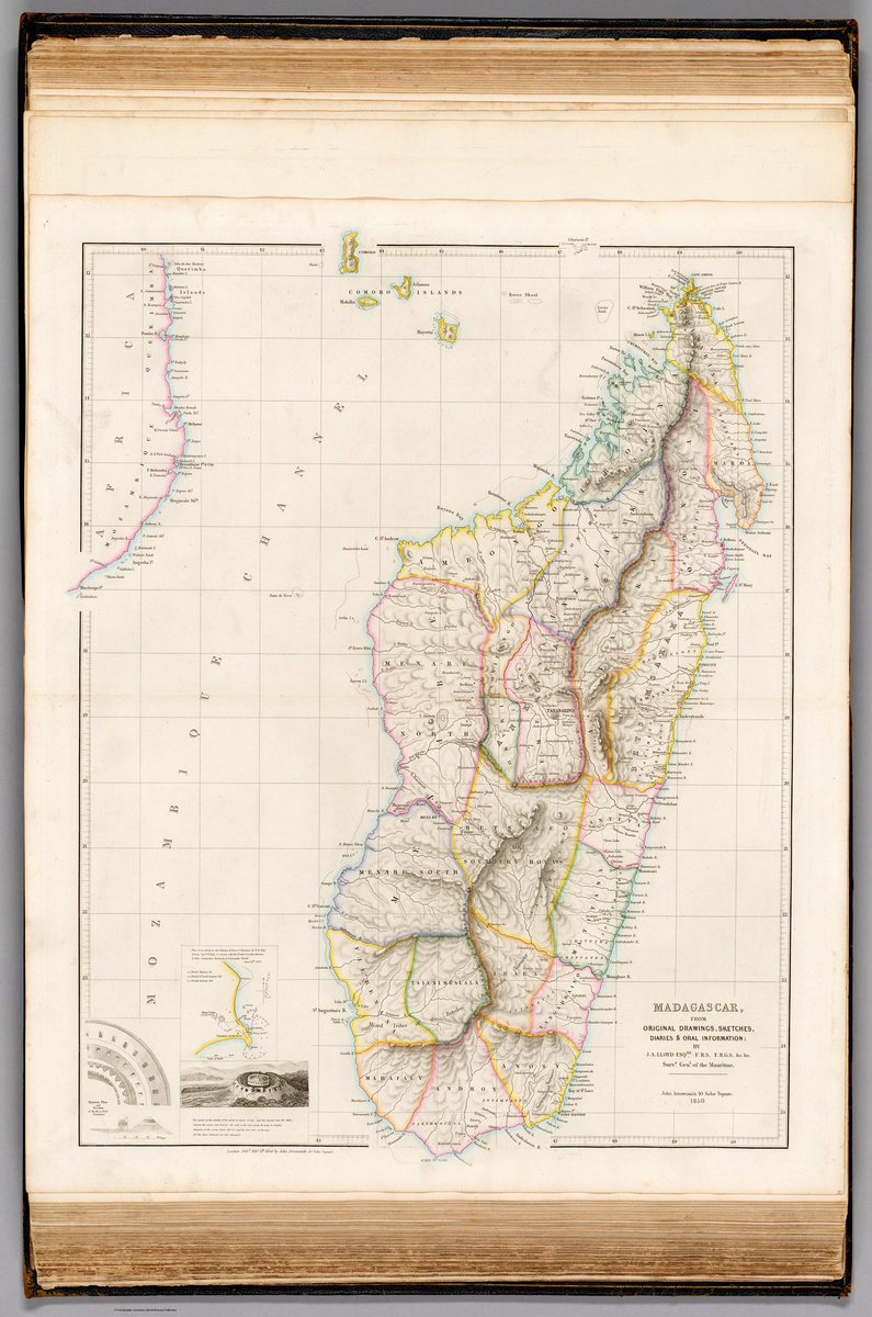 John Arrowsmith’s 1858 map from The London Atlas of Universal Geography details Madagascar’s topography, cities, and political boundaries, and includes an inset of Hova Fort Tamatave’s 1845 attack. 📜🌍
Source: David Rumsey #HistoricMaps #Madagascar #Cartography