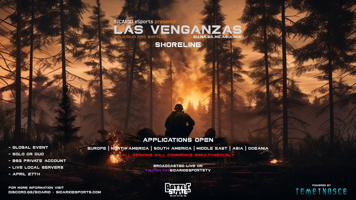 Las Venganzas Solo/Duo Pro Battle Series
Collaboration with BattleState Games 

Cash Prize sponsored by Uni-Armory
For more info visit: sicarioesports.com 
Join Discord: discord.gg/sicario #EscapefromTarkov