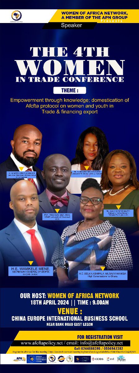 NANAYAASARPONG's tweet photo. Please Join me , WOAN, The APN Group &amp; the AfCFTA Secretariat this morning as I host the 4th Women in Trade Conference 2024
Venue: China-Europe International Business School (CEIBS) Conference Hall, Accra - Ghana. https://t.co/XmsRBQkw0C