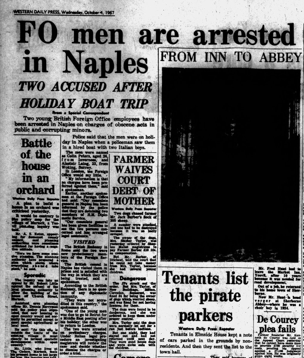 Foreign Office diplomats, Colin Peters from Inverness & Alastair Laing from Woking, arrested in Naples in 1967 having been caught on a boat with two boys under the age of 10. Peters went on to become the kingpin of London's largest paedophile ring.