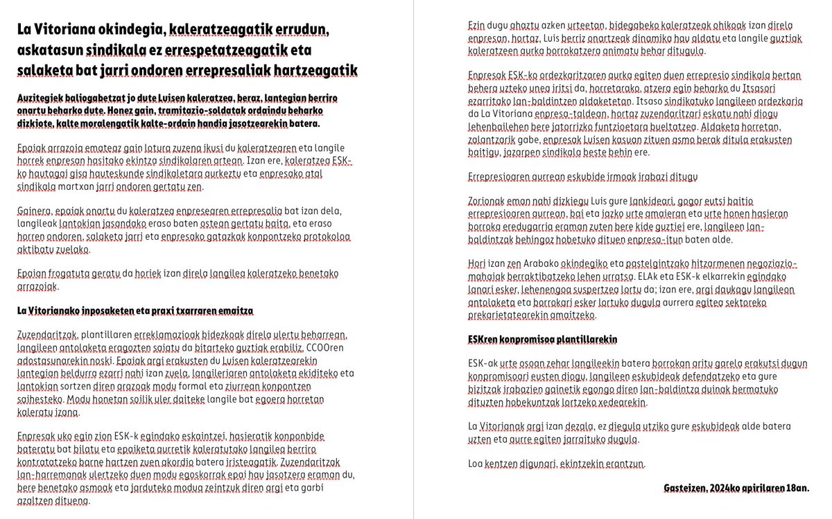 Panadería La Vitoriana culpable de despedir y no respetar la libertad sindical y la garantía de indemnidad, según informa ESK