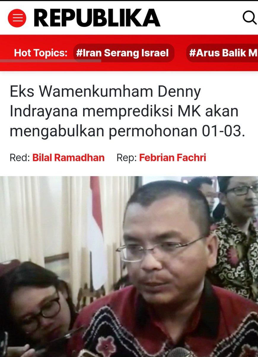 Denny Indrayana Prediksi MK Bakal Kabulkan Permohonan 01 dan 03 Majelis hakim hanya 8 orang yg menanganani perkara, dibutuhkan minimal 4 hakim saja. Bila Ketua MK Suhartoyo berada di posisi mengabulkan Putusan diskualifikasi Paslon 02, mungkin terjadi news.republika.co.id/berita/sb0al73…