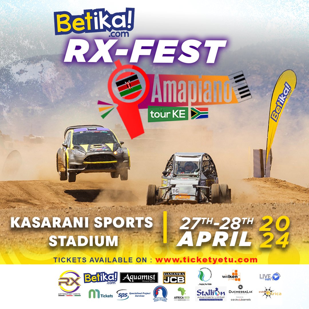 Get revved up for the return of Betika Rallycross 2024! Join us at Kasarani Rally grounds on April 27th and 28th for a triple thrill experience with Amapiano. Tickets available now! #AmapianoRXfest Twende RX