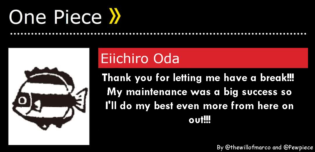 one_piece_mix's tweet photo. 🎙تعليق المؤلف إييتشيرو أودا بعد الفصل 1112 :
"شكراً جزيلًا لكم لجعلي أخذ إستراحة! كانت الصيانة ناجحة جدًا لذلك سأبذل قصارى جهدي و أكثر من الآن فصاعداً!"
.
#ONEPIECE1112 |#ONEPIECE
#Captain_Rocks https://t.co/I8fPLQ7S43