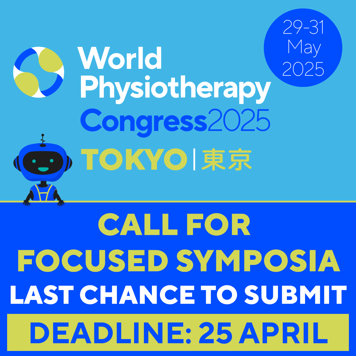 You have one week to submit a focused symposium for #WorldPhysio2025 in Tokyo Deadline: 25 April 2024 Find out more: ow.ly/9uH150R929R #GlobalPT @AWcpta @WorldPhysioAWP @ERWorldPhysio @WorldPhysioNACR @WorldPhysioSAR