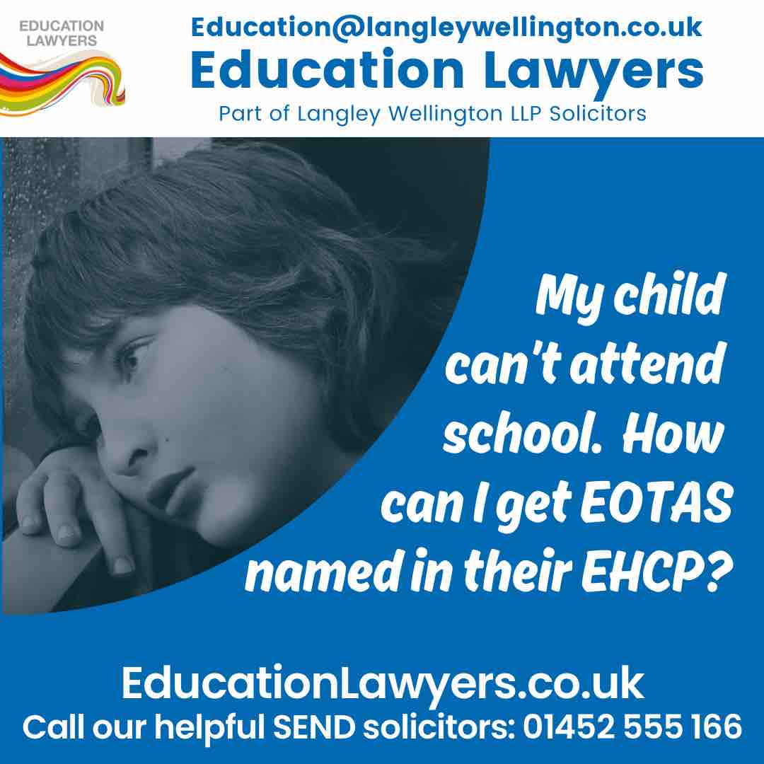 “My disabled child can’t attend school. How do we get #EOTAS provision in their #EHCP? Read our helpful information and call on 01452 555 166 if you need legal advice about #SEND provision:  educationlawyers.co.uk/how-we-help/eo…