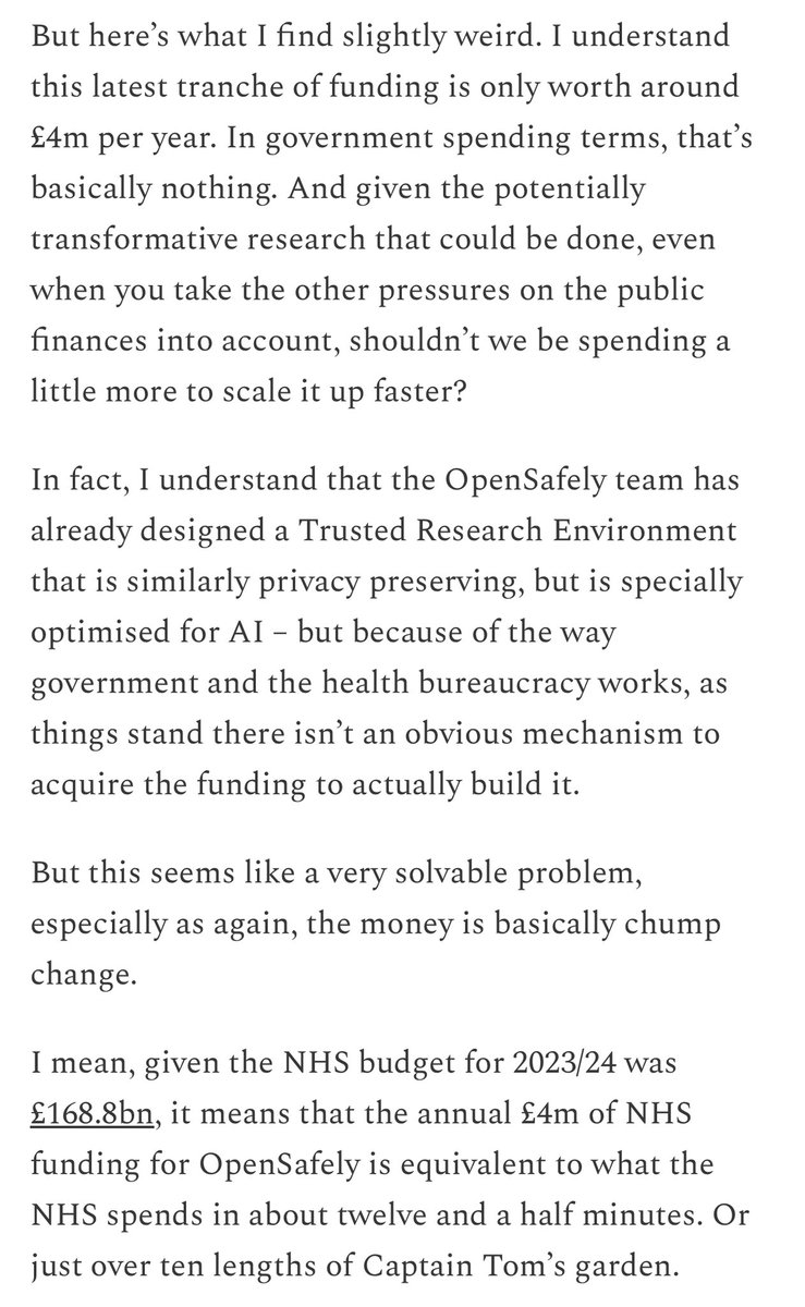 There’s a revolutionary NHS data science platform that is only getting £4m/year - equivalent to *twelve minutes* of annual NHS spending. Could we not give it some more money to do even more great work? takes.jamesomalley.co.uk/p/how-to-use-n…