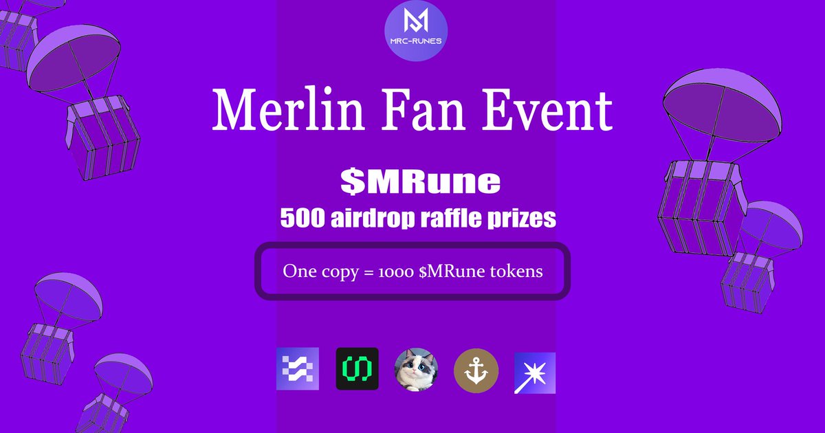 #MrcRunes Fan sweepstakes

Merlin X Runes
500 tickets are drawn
Each = 1000 $MRune
$MRune is the first rune token on the <a href="/MrcRunes/">Mrc-Runes</a> with a total amount of 10,000K, and is expected to be released on April 20 at 8 PM (UTC+8) Free mint 

1⃣ Follow <a href="/MrcRunes/">Mrc-Runes</a> <a href="/MerlinLayer2/">Merlin Chain</a>
2⃣ Light up