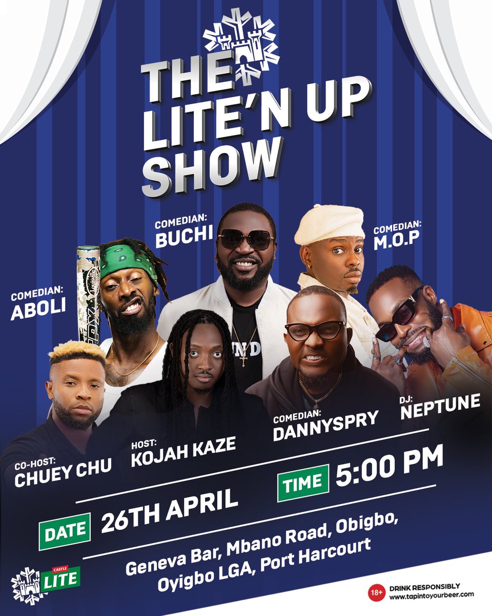 Port Harcourt City are you ready for a hilarious time at The Liten Up Show on the 26th of April?!

Refreshing Beers and loud laughters are the order of the day, come through!

NOTE: WE HAVE OFFICIALLY HIT REFRESH

#CastleLite
#TheLitenUpShow
#LitenUp