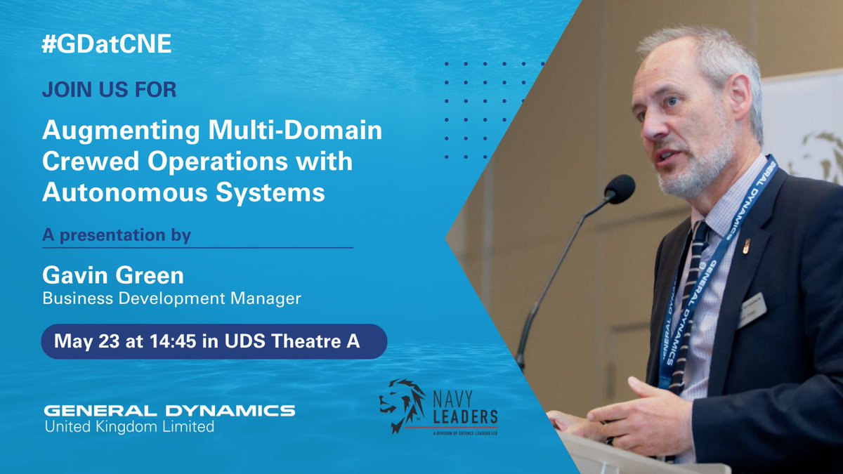 gduknews's tweet photo. We’re getting excited for CNE Farnborough where Gavin will be presenting on “Augmenting Multi-Domain Crewed Operations with Autonomous Systems.” Find out more about:

→ Advancements in Crewed ASW
→ Current state of remotely operated systems
→ Lessons learned from remote systems applied to fully autonomous systems

Be sure to visit us at booth D44 to learn more about our interoperable suite of #AntiSubmarineWarfare capabilities. https://t.co/hyovPP7iWX #GDUKevents #ASW #GDatCNE