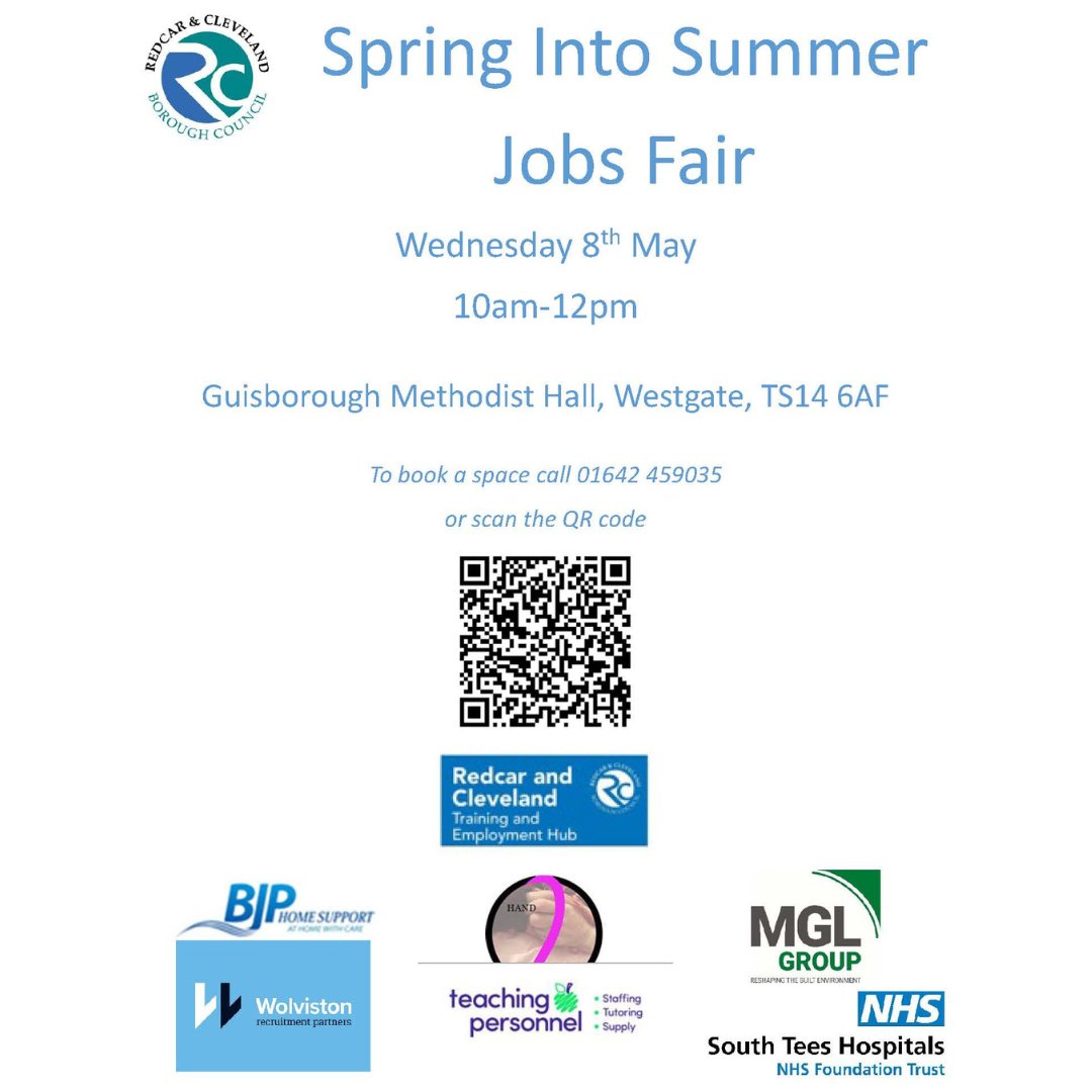 Looking for a job? Whether you want a career change or are at the start of your career, you might find what you are looking for at our jobs fair. 📅 8 May 📍 Guisborough Methodist Hall 🕙 10am-12pm To book your place, call 01642 459035 or scan the QR code in the poster below.
