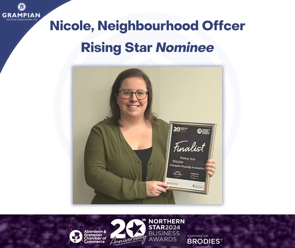 📣 🎉 NORTHERN STAR 2024 BUSINESS AWARDS – RISING STAR NOMINEE Tomorrow is the @chambertalk Northern Star 2024 Business Awards and @GrampianHA own Nicole, a Neighbourhood Officer, is nominated in the Rising Star category. Good luck Nicole! #GrampianHA #NSBA2024 #RisingStar