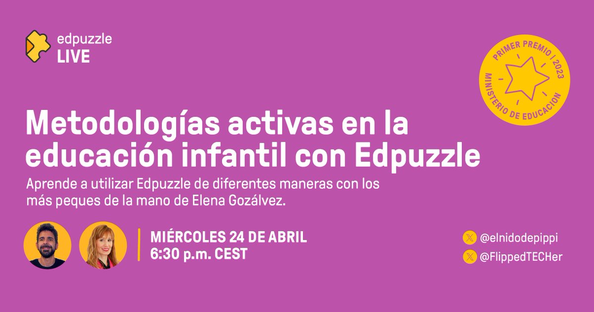 ¡Atención #claustrovirtual! ¡La próxima semana tenemos @edpuzzle_es Live en español! Metodologías activas con Edpuzzle en la educación infantil con @elnidodepippi. 🗓️Miércoles 24 de abril a las 6:30 p.m. (CEST) 🔗bit.ly/ELinfantil #edpuzzle
