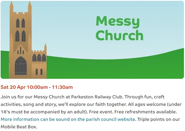 CVSTendring's tweet image. 🎨 Messy Church at The Parkeston Railway Club this Saturday, 10am-11:30am! ⛪️ Bring the kids for fun and triple points! ✨ Remember to tap another box first! See you there! #MessyChurch #FamilyFun #TriplePoints
 @ActiveEssex @Essex_CC @Tendring_DC