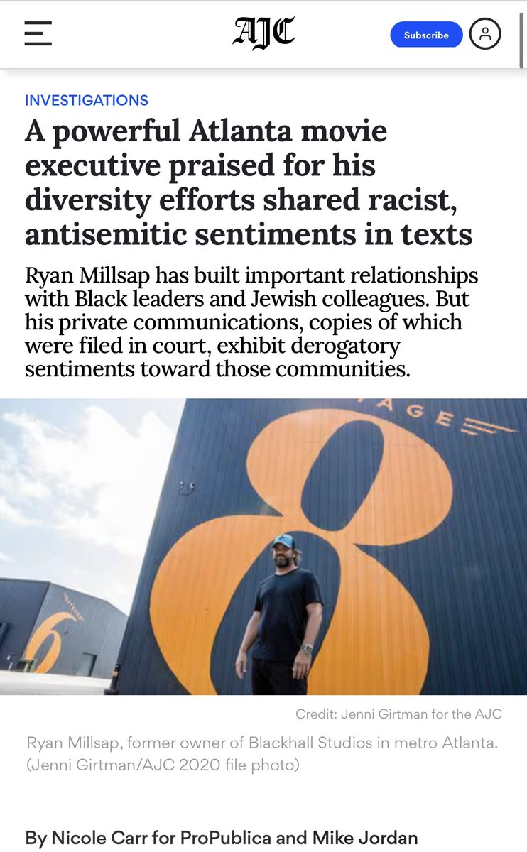 “Fucking Black people,” “nasty Jews” -An ongoing legal fight shows Atlanta’s Ryan Millsap making derogatory racial & ethnic comments as the fmr. film studio owner was championed for his diversity efforts. My latest w @MichaelBJordan for @propublica & @ajc propublica.org/article/ryan-m…