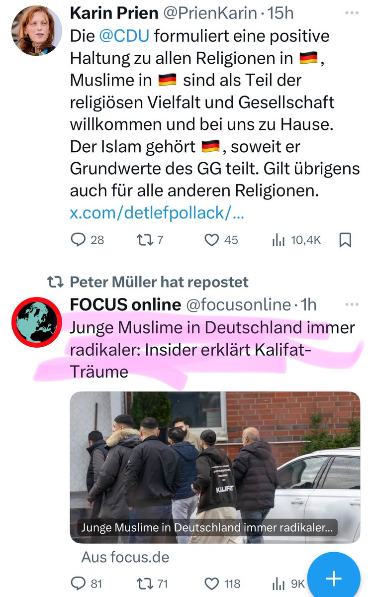 MGGA2021h's tweet photo. @PrienKarin @CDU Meine Timeline entwickelt manchmal ein Eigenleben. 
Warum der Tweet direkt unter Ihrem Tweet angezeigt wird?
Vielleicht weil Sie „Moslems“ mit „Islam“ verwechseln?

Meine Nachbarin meinte ihr solltet euch umbenennen in „IDU“. 
Das „C“ habt ihr ja verschenkt. 

#AllahJulia https://t.co/ARsAr8EIDg