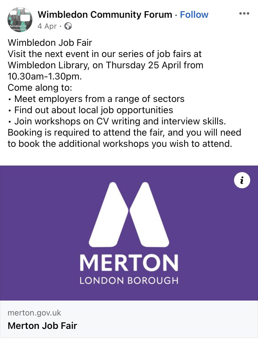 We have been told about this Job Fair. This might interest some of our networks. Seems like you need to book though. #jobs #employability #jobfairs 
@MertonLibraries @SouthThamesColl