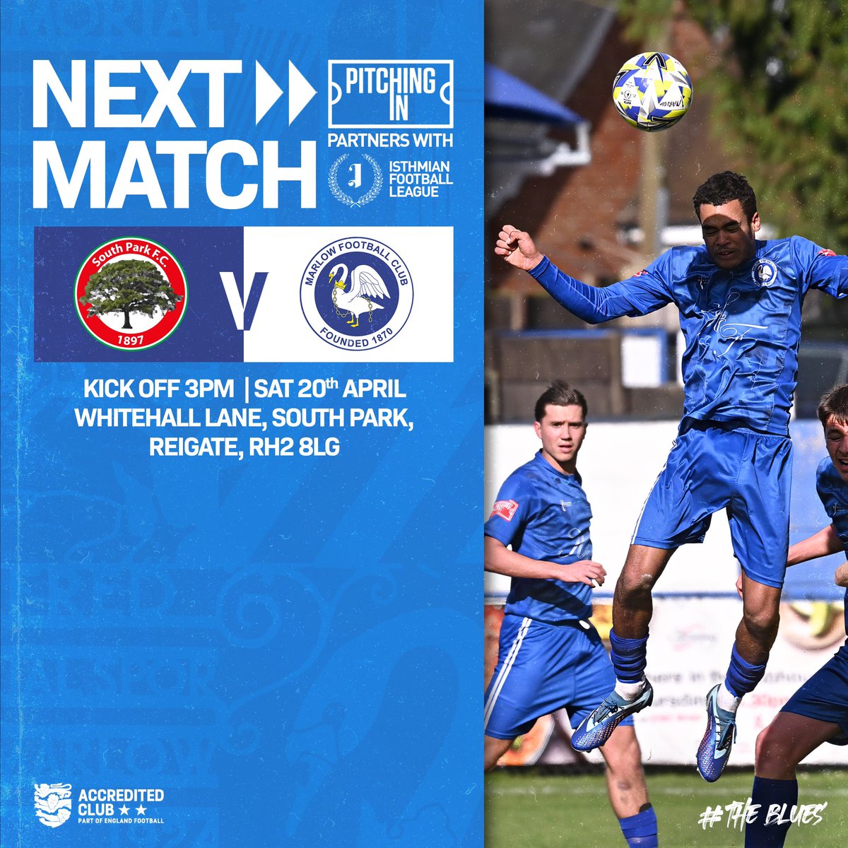 𝙐𝙥 𝙣𝙚𝙭𝙩!

We are on the road for the final time this season!

🏟️ Whitehall Lane
⏰ 3 PM KO
📍 RH2 8LG

#WeAreMarlow #TheBlues #MarlowFC