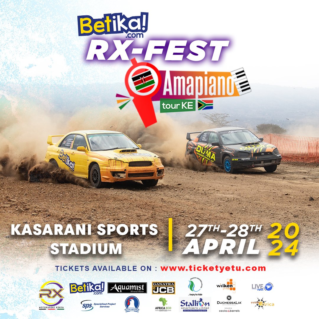 Speed demons and motorsport lovers, unite! Don't miss Betika Rallycross 2024 and Amapiano party at Kasarani Rally grounds on April 27th and 28th. Book your tickets now! #AmapianoRXfest Twende RX