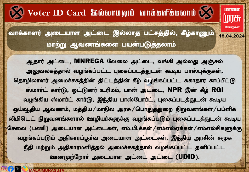 Voter ID Card இல்லாமலும் வாக்களிக்கலாம்: இந்த ஆவணங்கள் இருந்தால் போதும் |#electionnewswithmalaimurasu | #ElectionUpdate | #election2024 | #VoterID | #malaimurasu