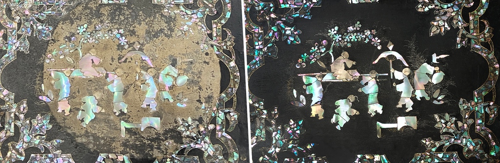 A detailed look at a section of this beautiful mother of pearl decoration, which was severely water damaged when it arrived at the studio. What a fantastic result! 

#fineart #art #pearl #motherofpearl #restoration #conservation #furniturerestoration #artlover #arthistory