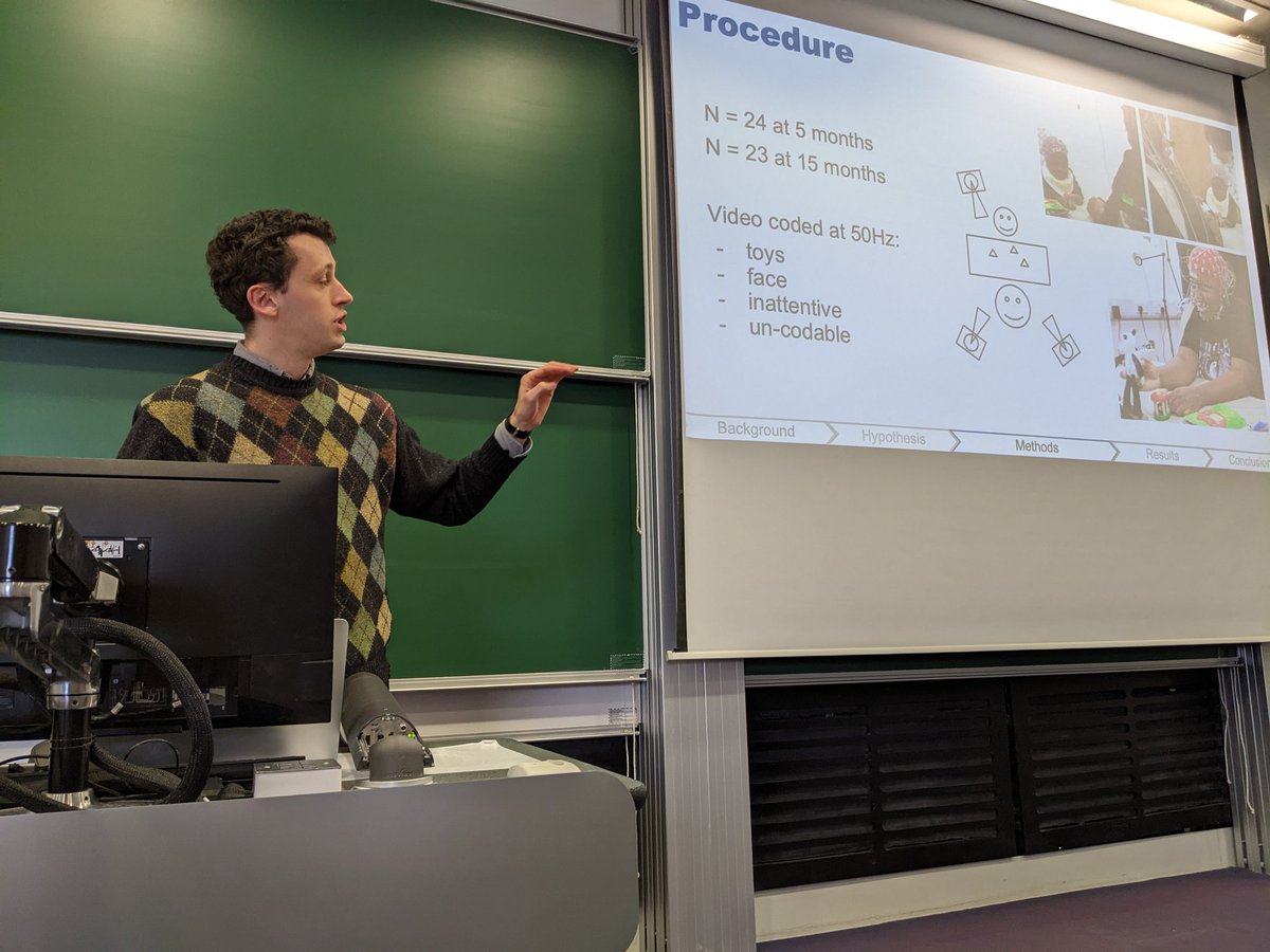 KirstGreen's tweet photo. Our final talk of the morning is by Pierre Labendzki on the dynamics of multimodal interaction between infants and caregivers and how caregivers adapt their salience to reflect infants' attentional states. #comein2024 https://t.co/mpJ48iCt2Q