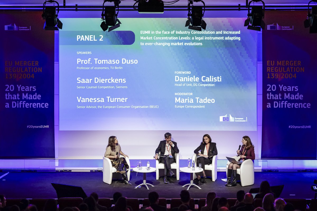 Thought-provoking interventions at Panel 2 on '#EUMR in the face of Industry Consolidation and Increased Market Concentration Levels' With 🎙️ Tomaso Duso 🎙️ Saar Dierckens 🎙️ Vanessa Turner Moderated by @mariatad Follow the live 👇 📺 europa.eu/!XcqgQK #20yearsEUMR