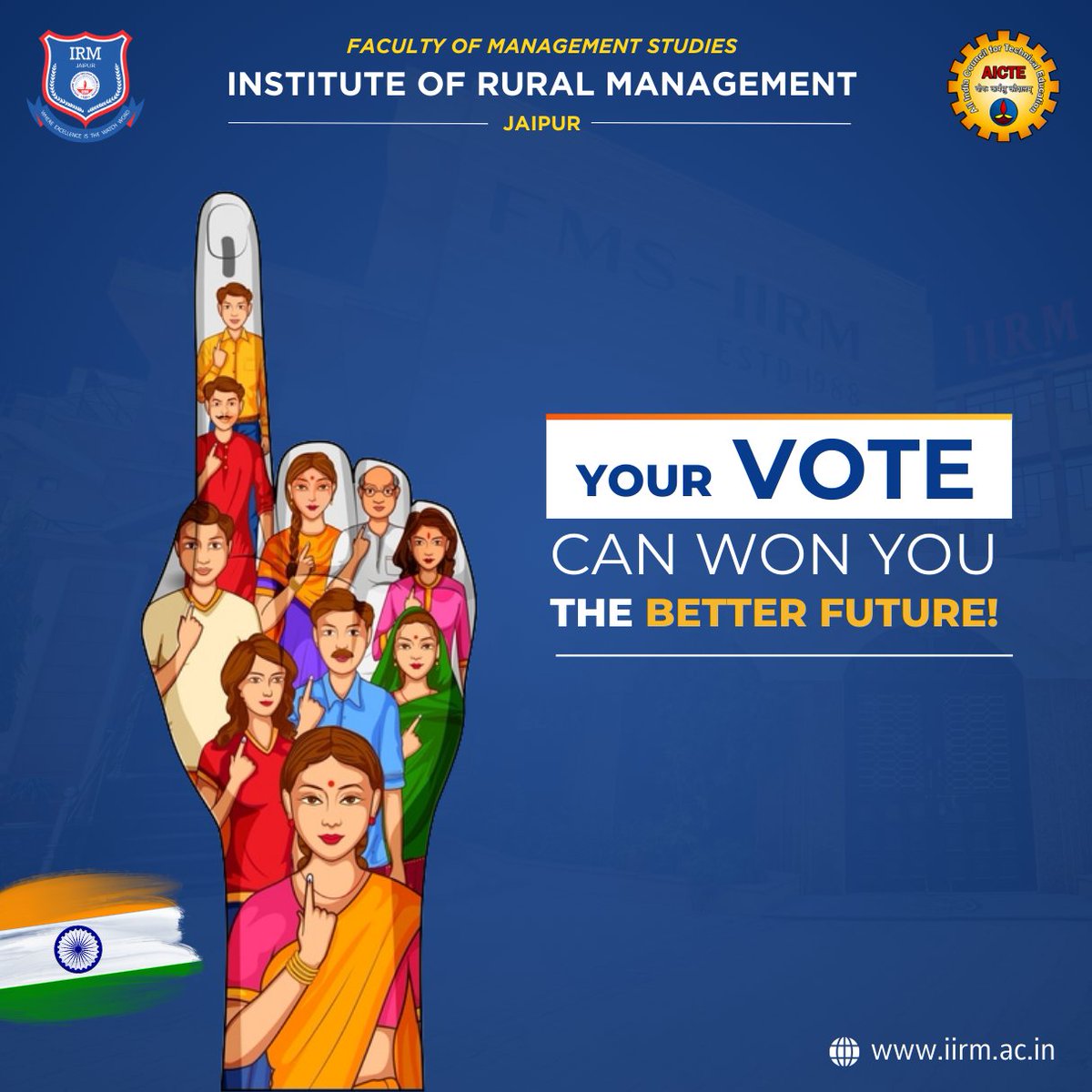 The power to change the future is in your hands! Don't miss the chance to cast your vote on 19 April 2024. Your voice matters!

#VoteForChange #YourVoiceMatters #DemocracyInAction #VotingDay2024 #Rajasthan  #Loksabha #Loksabhaelection #India #VotingRights #IIRM #FMS