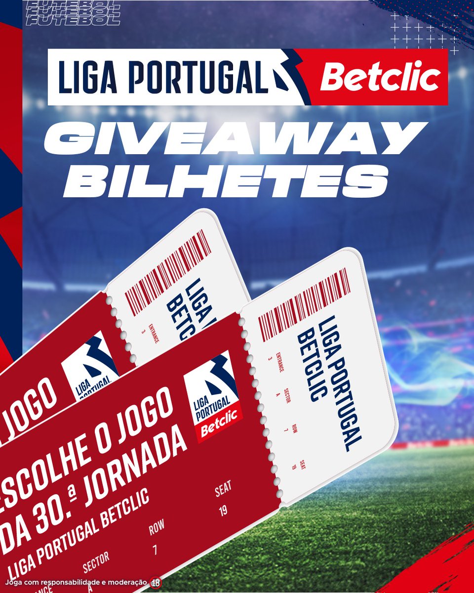 🚨🔥 GIVEAWAY DE 10 BILHETES DUPLOS PARA A 30.ª JORNADA! #LigaPortugalBetclic   

- Segue a <a href="/BetclicPortugal/">Betclic Portugal 🔞</a>
- Dá RT + FAV 
- Comenta o jogo que queres ir ver e identifica quem levas contigo.  

Comenta várias vezes mas identifica pessoas diferentes. Vencedores anunciados
