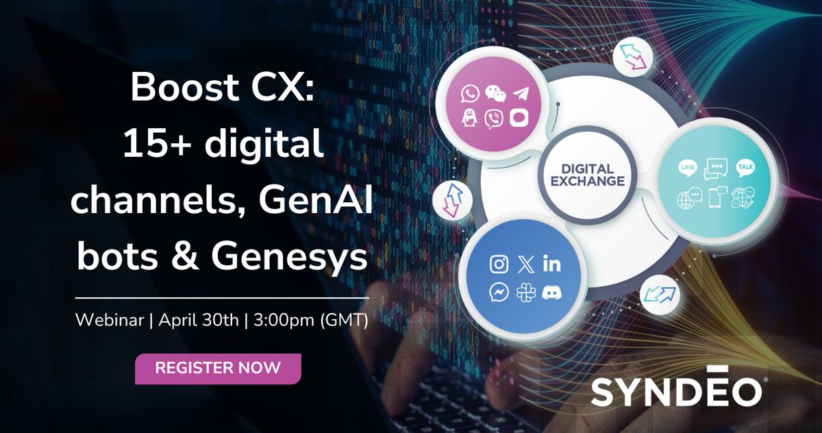 Elevate your #CX with Syndeo #Digital Exchange - 15+ channels, #GenAI #bots and one game-changing integration with #Genesys Cloud.

View more and register here➡️syndeo.cx/syndeo-digital…

#digitalengagement #conversationalai #generativeai