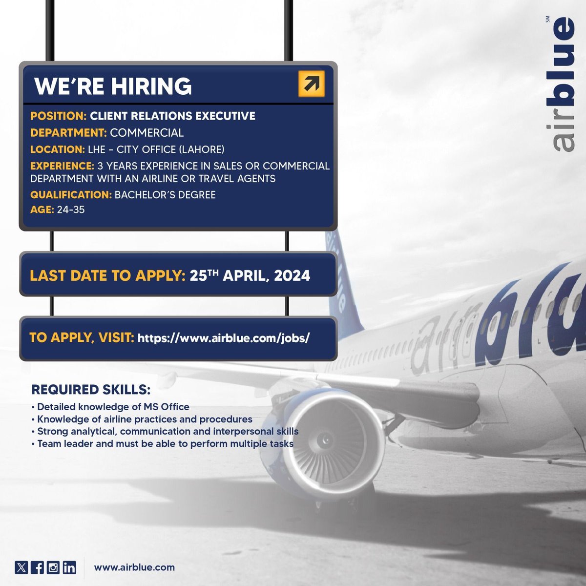 This is your chance to join our team. Position: Client Relations Executive Location: Lahore Deadline: 25th April 2024 To apply, visit: airblue.com/jobs/ #airblue #hiringalert #airbluejobs #hiringnow