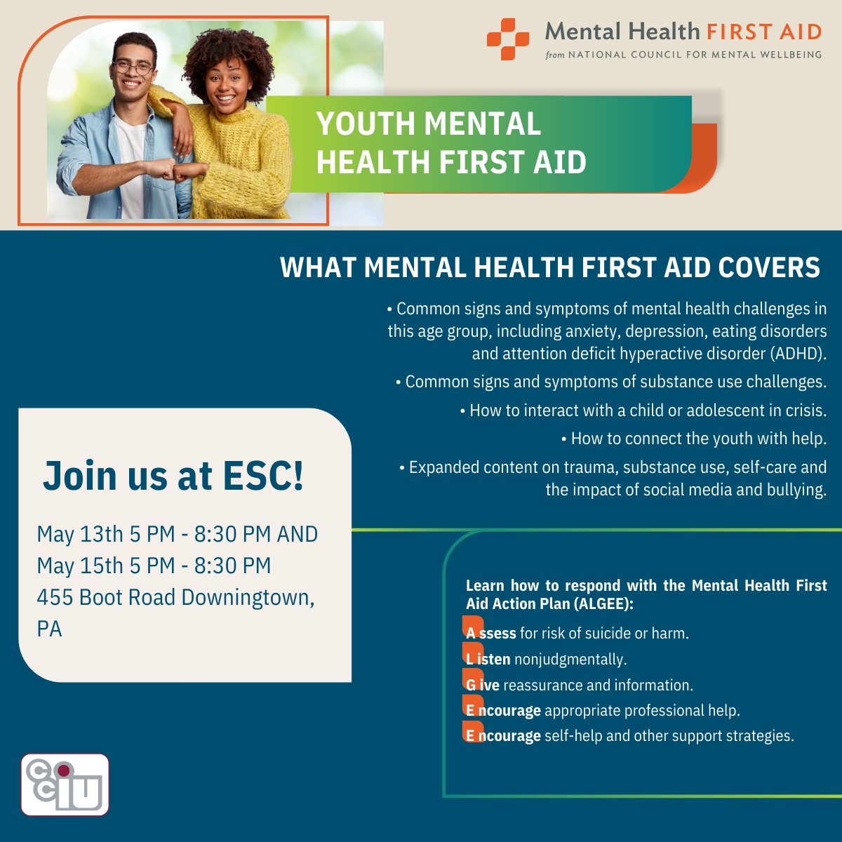 🤝 Join us on May 13th & May 15th, 5:00 -8:30 p.m., for an enlightening Youth Mental Health First Aid course. Equip yourself with the tools support young people facing mental health issues. Register at cciu.org/MentalHealthFi… #CareerReadyPA