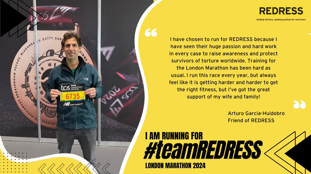 This Sunday, five runners will be representing #TeamREDRESS at the @LondonMarathon. Arturo is a long-time supporter of REDRESS and will be joining us for the Marathon for a second time! Support his fundraiser 🔽 2024tcslondonmarathon.enthuse.com/pf/arturo-garc…