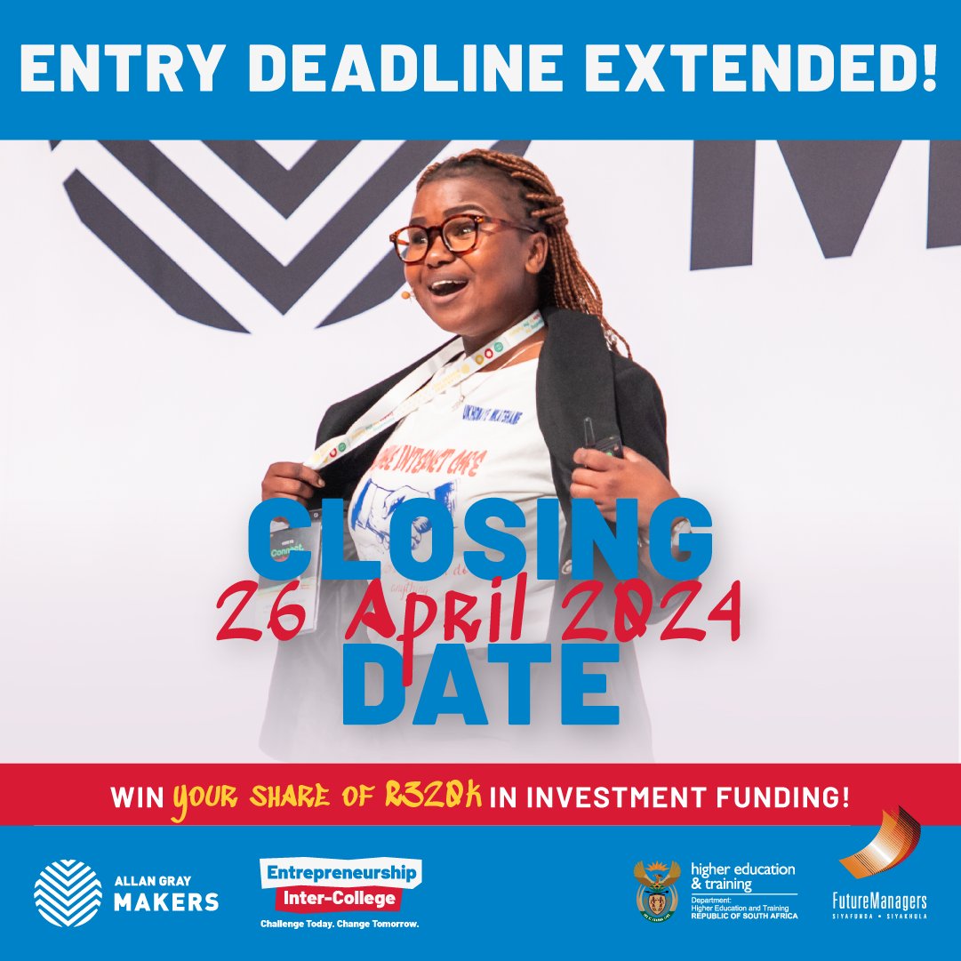 BIG NEWS! The entry deadline for Entrepreneurship Inter-College has been EXTENDED to 26 April AND the prize money has increased to R320 000! 💰🗓🤩

Learn more and enter HERE: pulse.ly/wanptbsqwz

#AGM #InterCollege2024 #BuilderOfTheFuture #TVETCollege #BusinessDevelopment