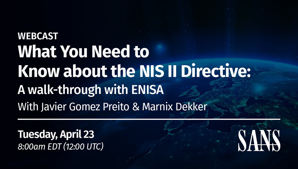 🇪🇺 EU orgs, ready for NIS 2? Have queries? @Jagopri & @marnixdekker from @enisa_eu are here to help! 🔗 Get answers & insights in the SANS Compliance Countdown Series → sans.org/u/1vrI #SANSTraining #Cybersecurity #NIS2 #Compliance