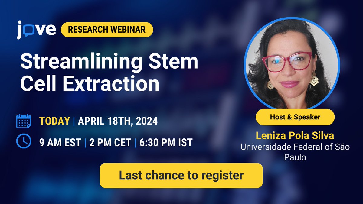 There are only a few hours left to register for the 'Streamlining Stem Cell Extraction' webinar scheduled for today, April 18th, 2024. Time: 9:00AM EST (2:00PM CET, 6:30PM IST) Looking forward to seeing you at the webinar: hubs.ly/Q02tgKMl0 #JoVEwebinar #stemcell