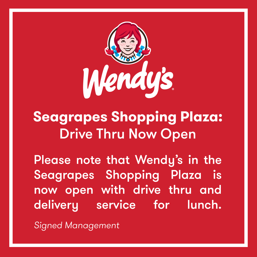wendysbahamas's tweet image. To our Valuable Customers: Please note Wendy's in the Seagrapes Shopping Plaza is now open with drive thru and delivery service for lunch.

Signed Management
.
.
.
.
#wendys #drivethru #openforservice