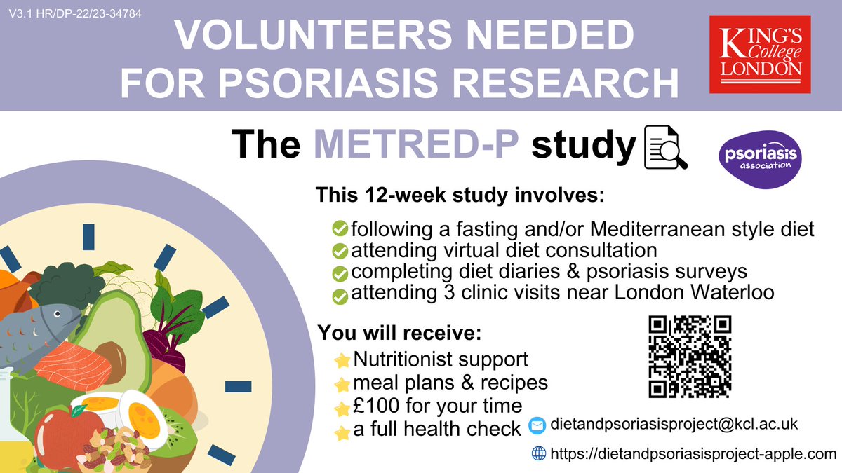 You can still take part in the METRED Study! 🥕🥦 This is a clinical trial evaluating the effects of different dietary patterns in people living with #psoriasis. Find out more here ow.ly/1Qo250OmiFA