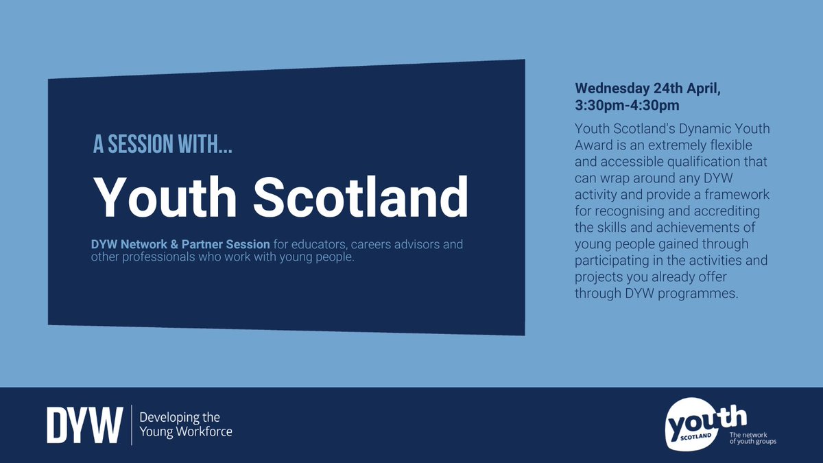 Less than one week until our session with Youth Scotland! Maximise your DYW activities with Youth Scotland's Dynamic Youth Award. Come along to hear from @YouthScotland on 24th April and learn more. Book: ow.ly/jUTz50QY6wY #DYWScot