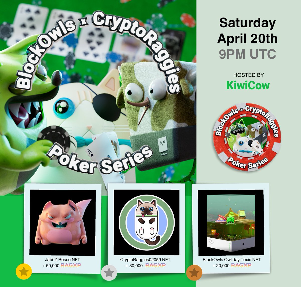 It's poker time! 🃏🦉 Join the excitement with our fantastic host @kiwicowNFT this Saturday, April 20th, at 9 pm UTC for our weekly poker bash! Registration is available for BlockOwls, Jabi-Zs, and Cryptoraggies holders. See you at the tables on Saturday! 🦊
