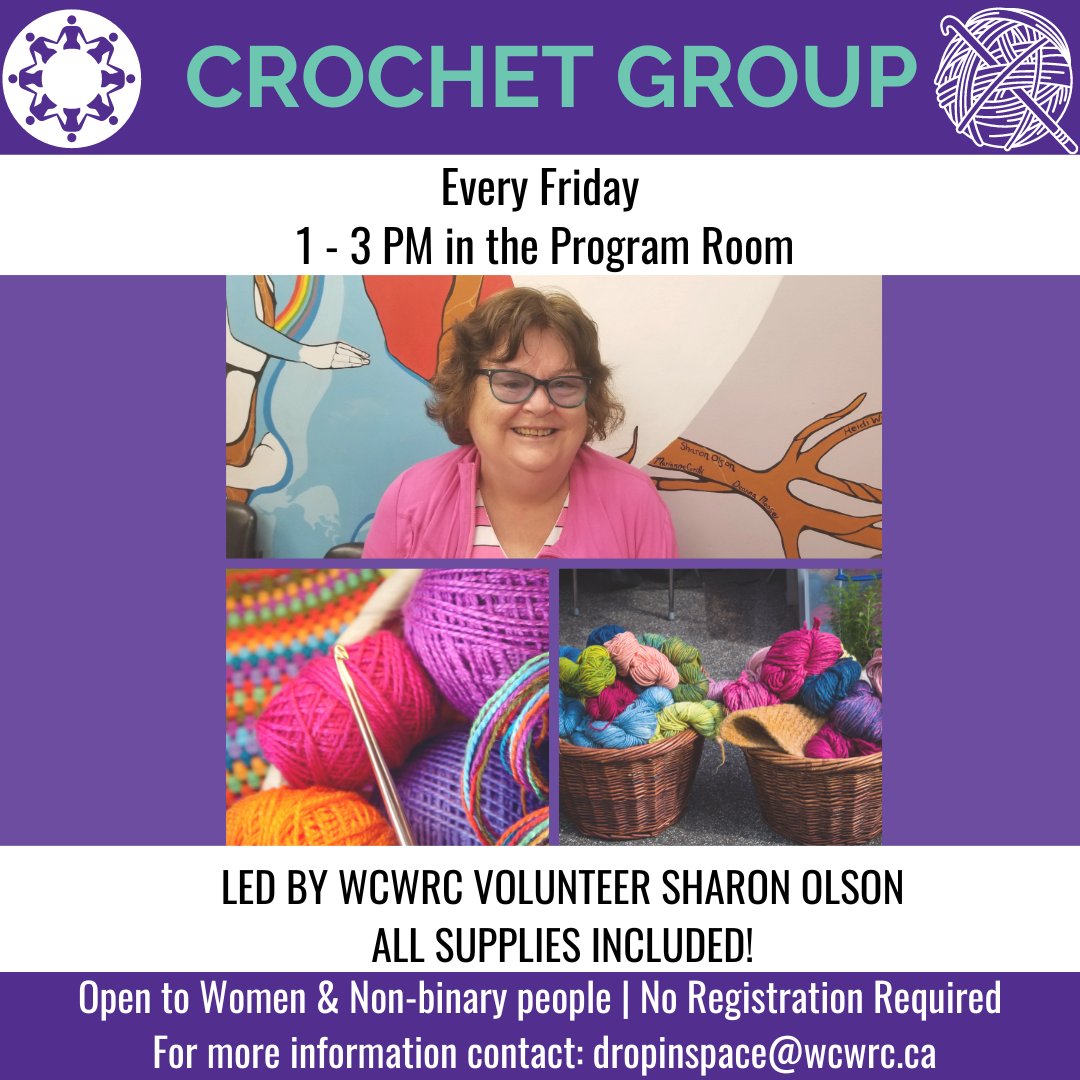 Fridays in April, centre volunteer Sharon will continue to host crochet group in the afternoon from 1-3pm. All supplies are included and no registration is required. This program is open to all women and nonbinary folks.