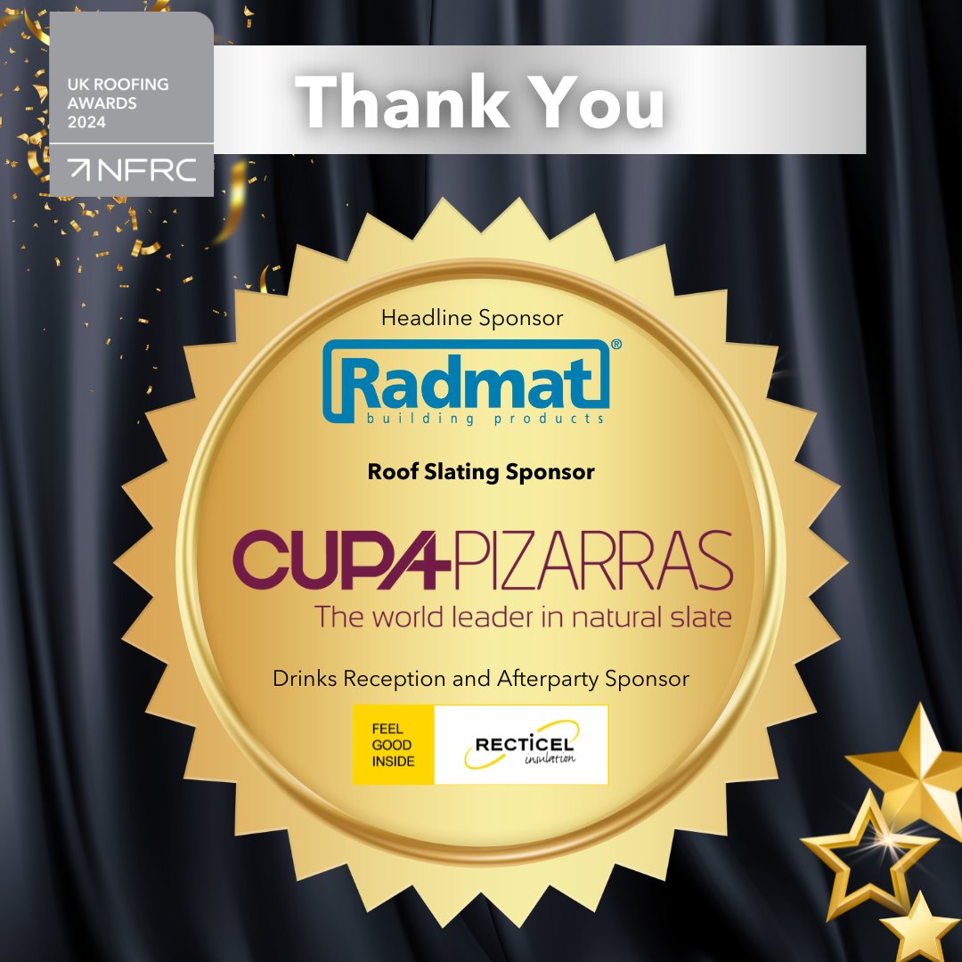 🌟 Thanks again to @CUPAPIZARRAS_en for sponsoring the Roof Slating category at the UK Roofing Awards. Are you coming along to cheer for your favourite project in the finals? Ticket sales close on 23 April, get yours now! 👉 bit.ly/RA2024tix #RA2024 #RoofingAwards