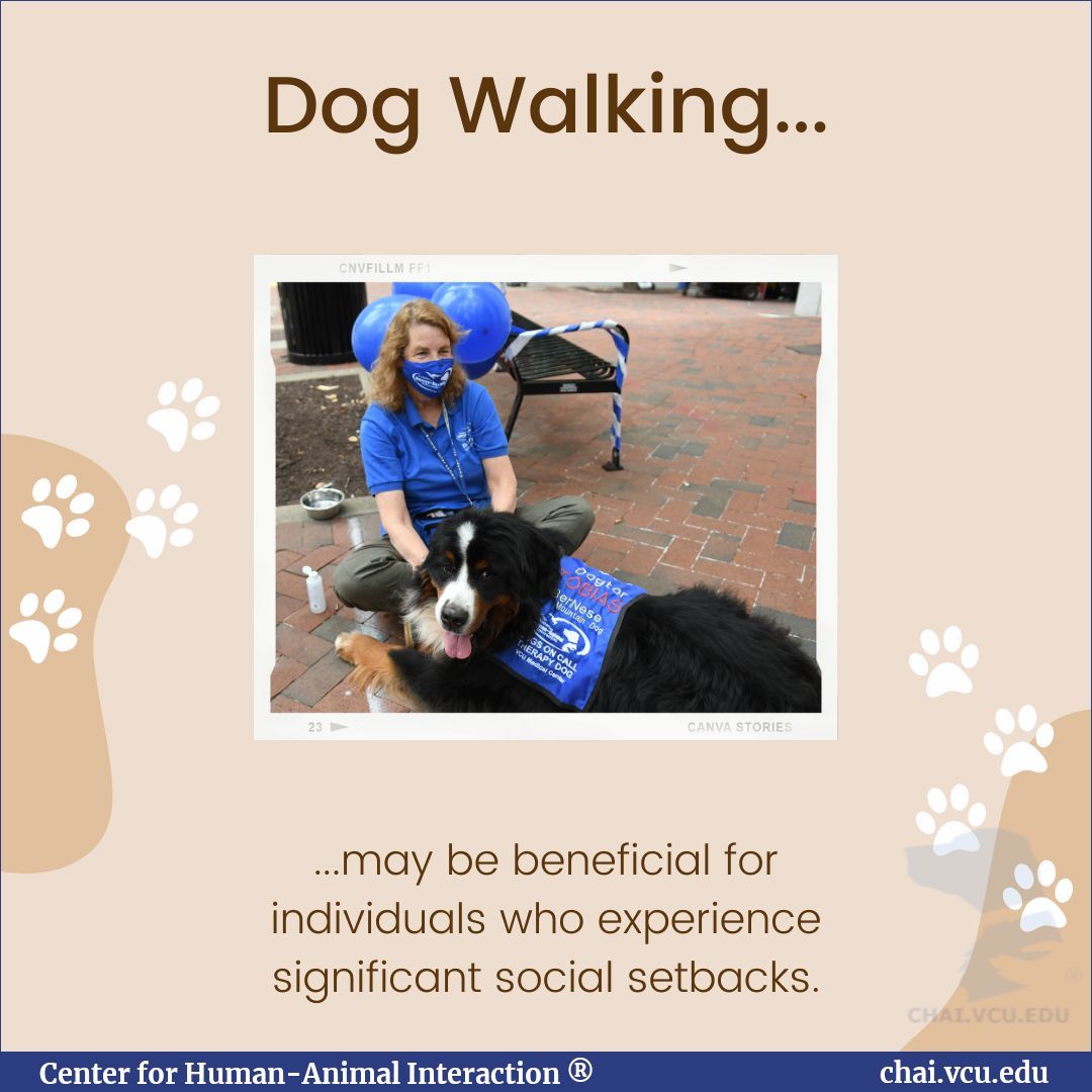 Did you know that walking your dog may help reduce loneliness for individuals who experience significant social setbacks! 

buff.ly/3xm28eM 

#dogsoncall #chai #vcu #vcuhealth #richmond #virginia #therapydogs #doglover #pettherapy #workingdog #therapy #doglife #RVA