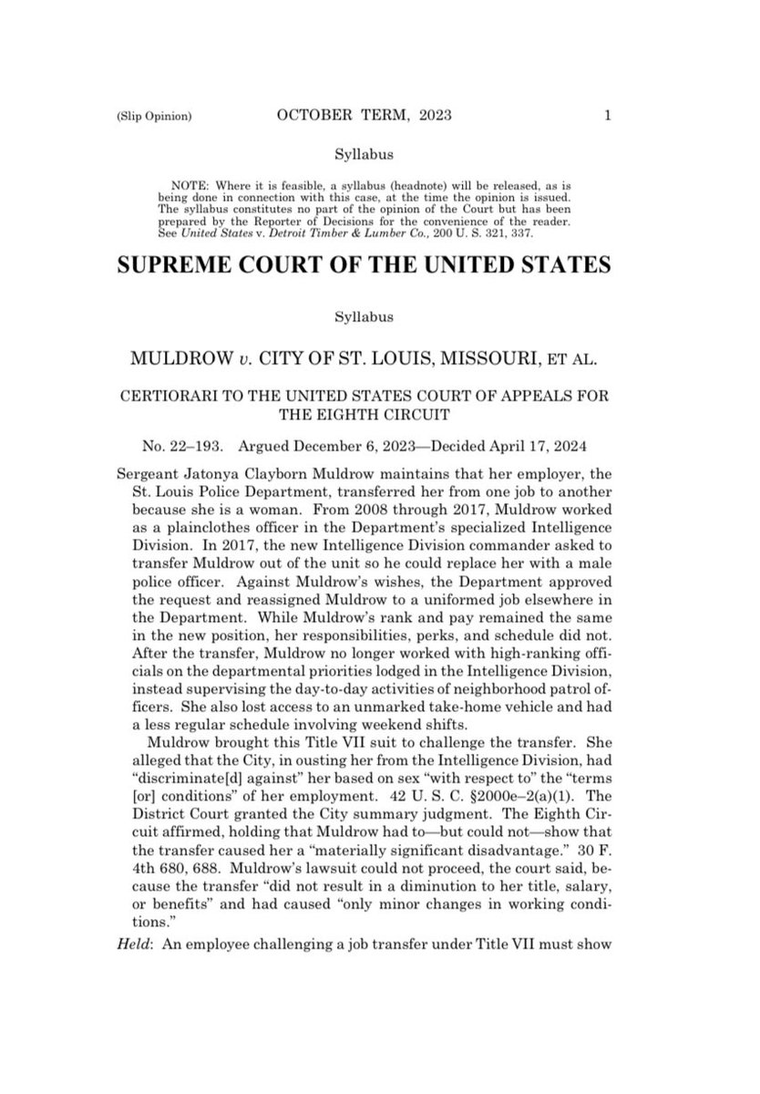 DevonWesthill's tweet photo. Important 9-0 SCOTUS decision yesterday regarding Title VII employment discrimination claims. #Muldrow

Fav part: "[T]he text of Title VII does not require a separate showing of some harm. The discrimination is harm." Kavanaugh, J., concurring

...I'm team Kavanaugh, now? https://t.co/V3EbJjS4Dm