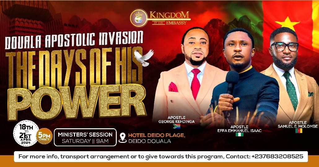 Apostle_Effa's tweet photo. CAMEROON 🇨🇲! we bring glad tidings to your shores in the name of the Lord most High!

The hosts of heaven are on standby for an unprecedented blast of kingdom, power and glory upon the land and the people of Cameroon 

Prepare, pray, plan to attend

#Admin #AEEI https://t.co/S6eYcY4LId