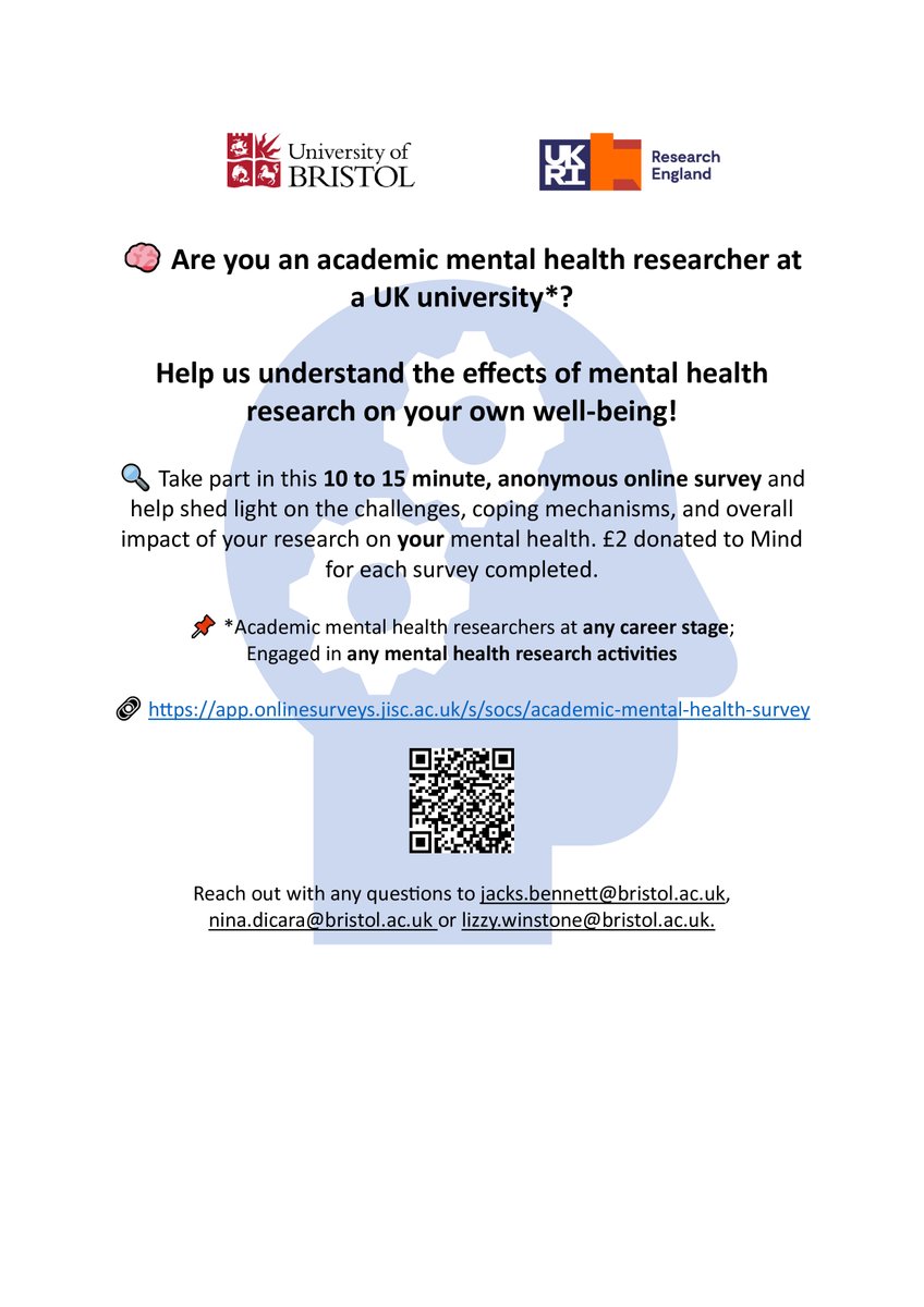 LAST FEW DAYS! Does #mentalhealthresearch affect the wellbeing of those that carry out the work? Help us shed light on the strengths and challenges of working in this space by taking part in our #researchengland survey. Donations to Mind. Closes 22nd Apr app.onlinesurveys.jisc.ac.uk/s/socs/academi…