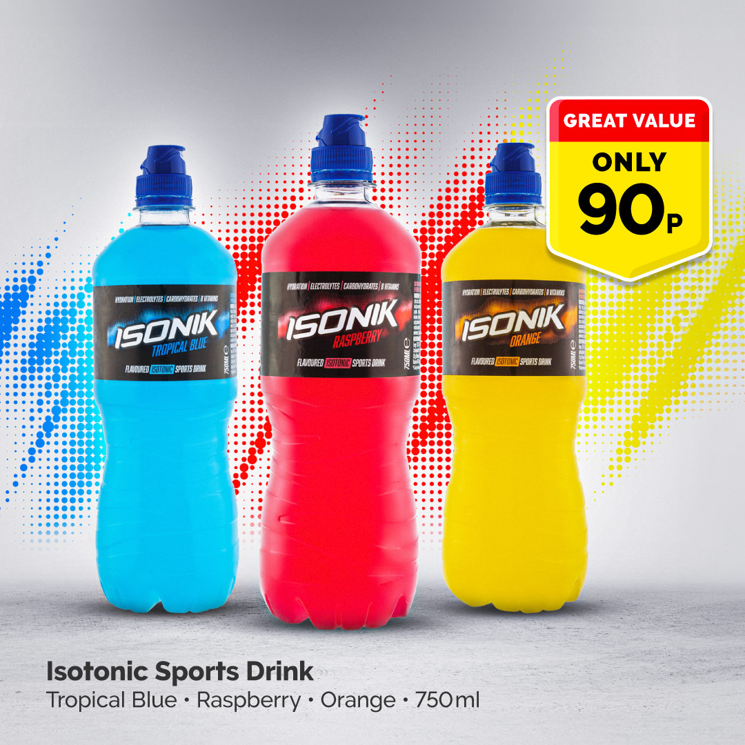 Have you tried Isonik? Our isotonic sports drink is only 90p and available in tropical blue, raspberry and orange 😊